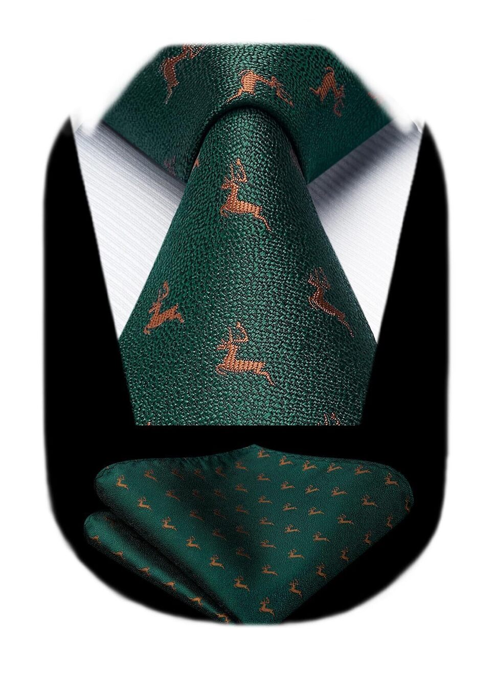 1510 Ties Dark Green Animal Ties & Pocket Square Classic Woven Deer Pattern